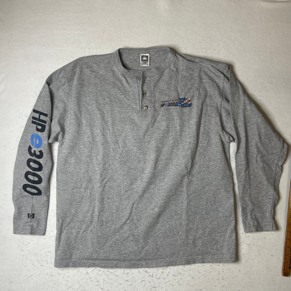Vintage HP e3000 Racing Powered By HP‎ Long Sleeve Henley T Shirt XL Grey Racer